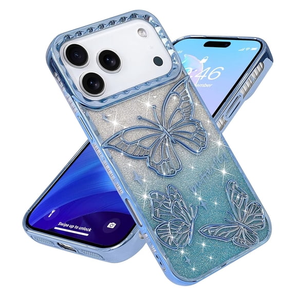 Poweltek Glitter Butterfly Phone Case for iPhone 14 Pro Max, 2 in 1 Gradient Bling Paper Luxury Plated Slim Soft TPU Shockproof Protective Cover for Women Girls, Blue