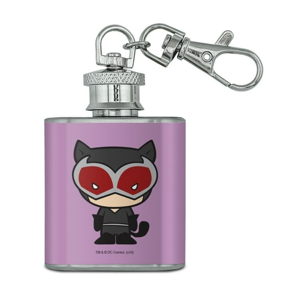 Batman Catwoman Cute Chibi Character Stainless Steel 1oz Mini Flask Key Chain
