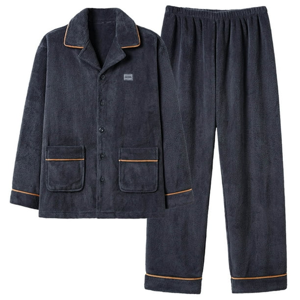 Kalauyu Mens Pajamas Set Long Sleeve Soft Fleece Fluffy Sleepwear Winter Warm Pjs Lounge Sets Flannel Sleepwear with Pockets