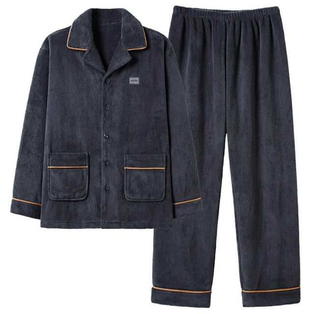 Kalauyu Mens Pajamas Set Long Sleeve Soft Fleece Fluffy Sleepwear Winter Warm Pjs Lounge Sets Flannel Sleepwear with Pockets