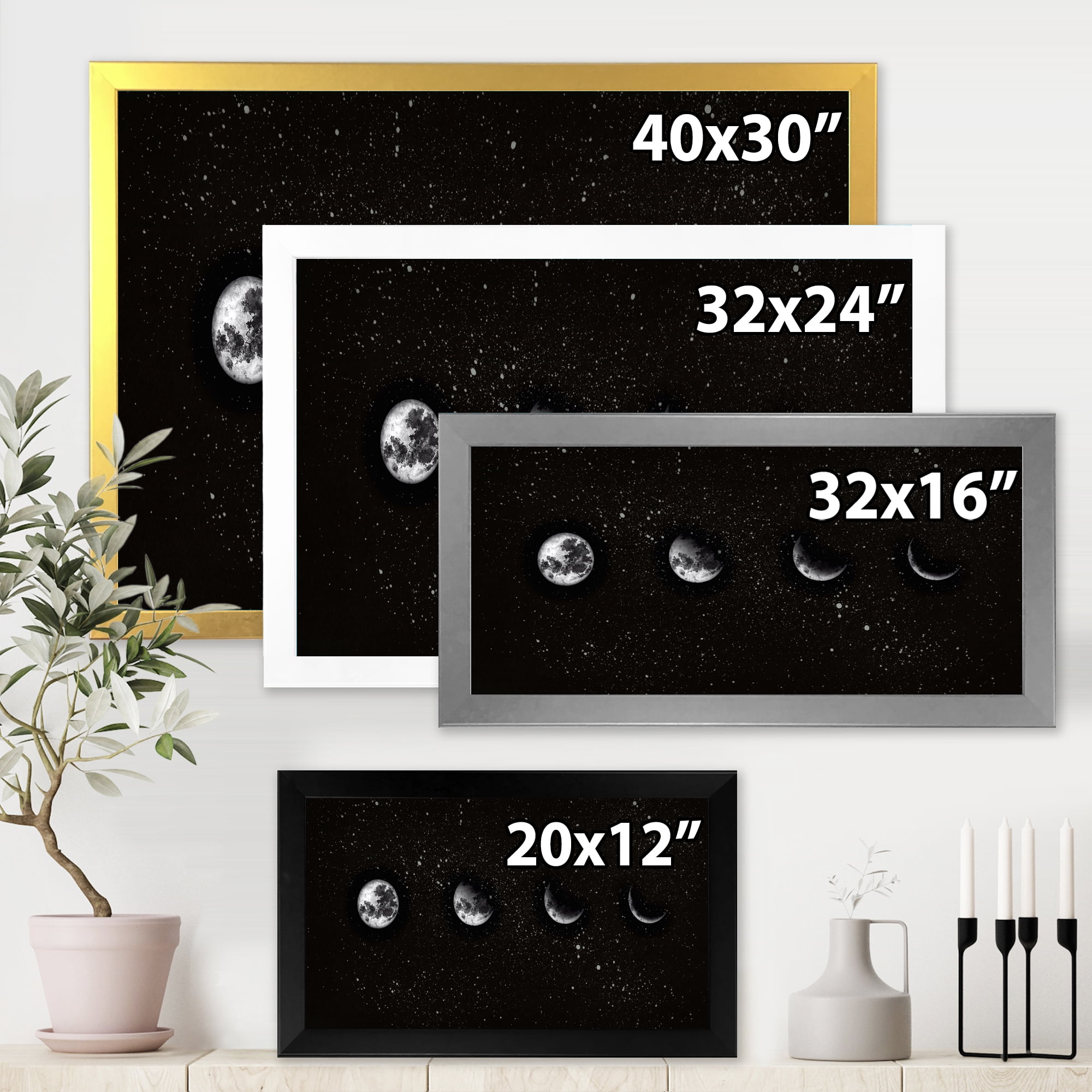 Designart 'The Night Sky With Moon Phases' Modern Framed Art Print
