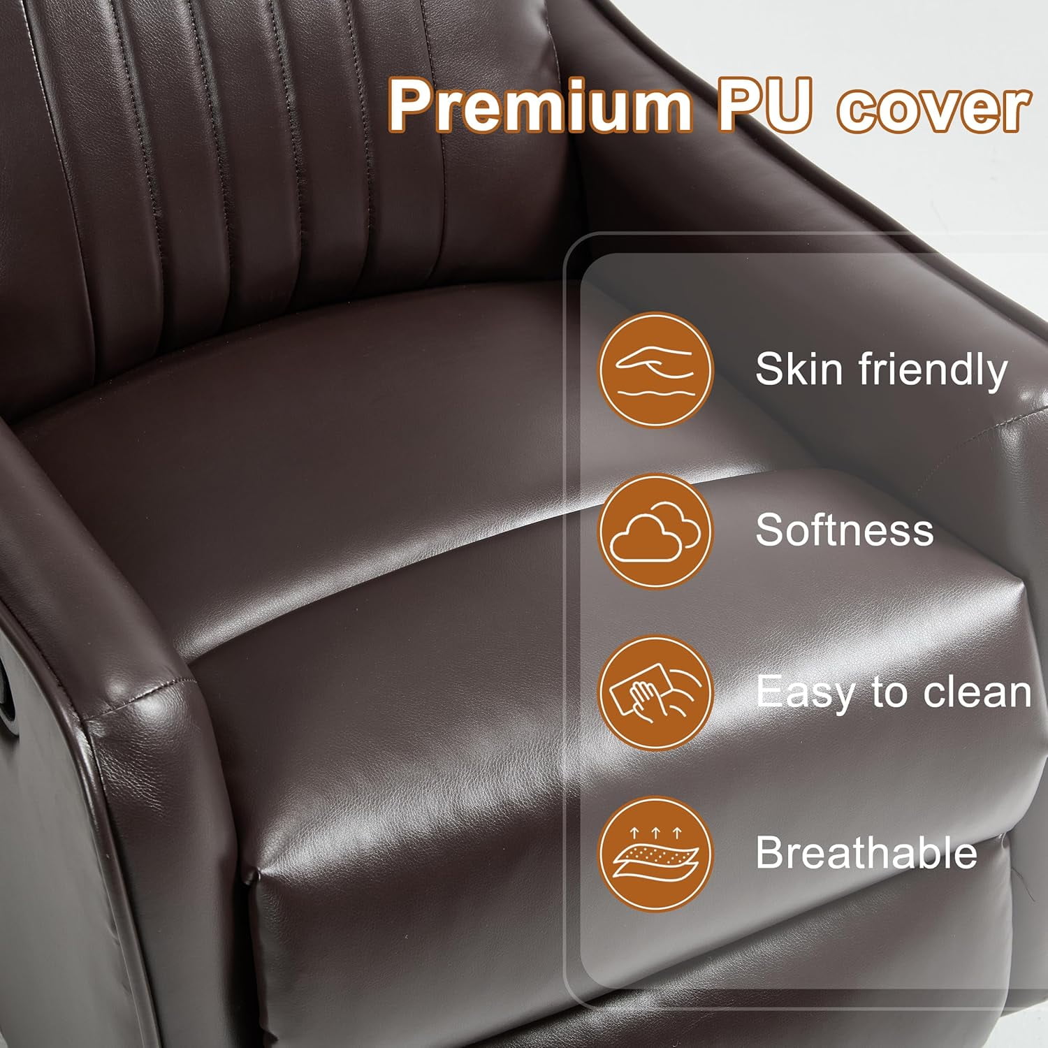 Ywen Manual Swivel Rocker Recliner Chair for Adults, Overstuffed Recliner Glider with Massage and Heat, Living Room Reclining Chair, PU Leather Dark Brown