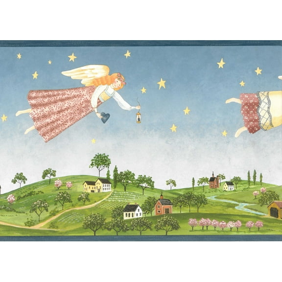 Dundee Deco Prepasted Wallpaper Border - Kids Blue, Green, Brown, Yellow Flying Angels, 15 ft x 9 in