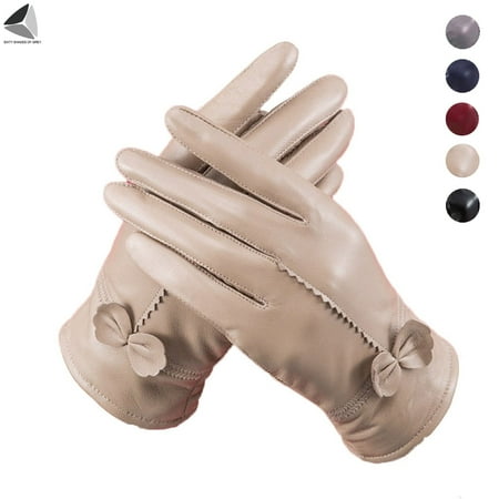 

Sixytshades Winter PU Leather Gloves for Women Waterproof Fleece Lined Warm Cold Weather Gloves (Khaki)