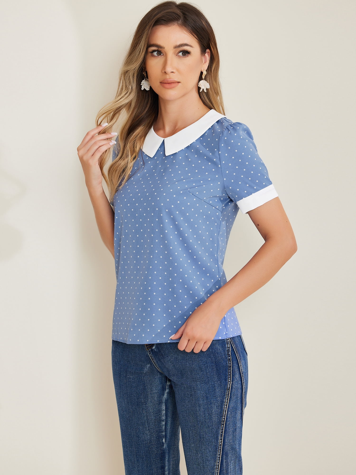 DARING DIVA Women's Peter Pan Collar Polka Dots Short Sleeve Tops M Dusty Blue