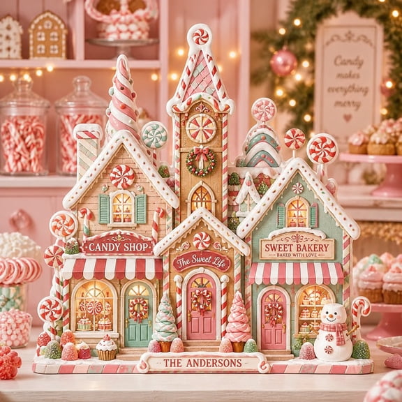 Wooden Block Christmas Candy Village Wood Shelf Display for Family Holiday Mantel