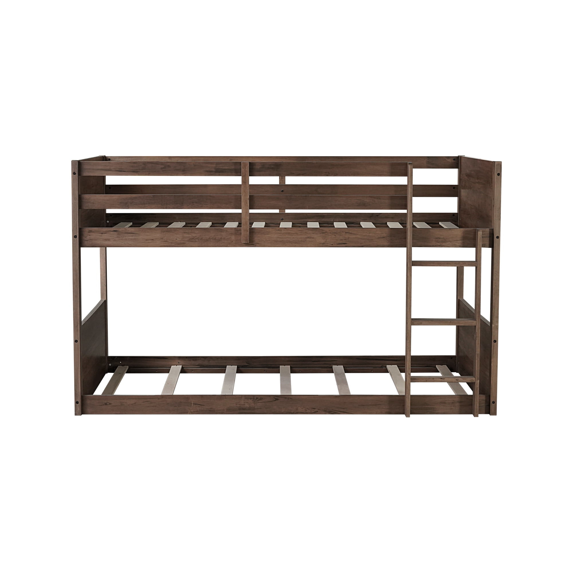 Leumius Twin over Twin Floor Bunk Bed with Panelled Headboard and Footboard, Solid Rubber Wood Foundation with Safety Guardrails and Ladder for Boys Girls Antique Oak