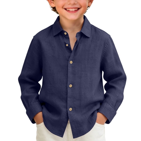 Mercatoo Boys Long Sleeve Cotton Linen Button Down Shirts Summer Beach Vacation Shirt for Youth Kids Solid Classic Soft Casual Tops