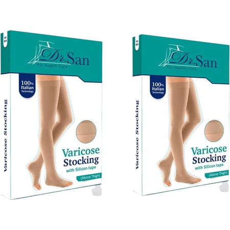 Dr. San Thigh High Compression Stockings, Open Toe, Pair, Firm Support 20-30mmHg Gradient Compression Socks with Silicone Band, Unisex, Opaque, Varicose Veins, Edema, Swelling XXL 2 Pack