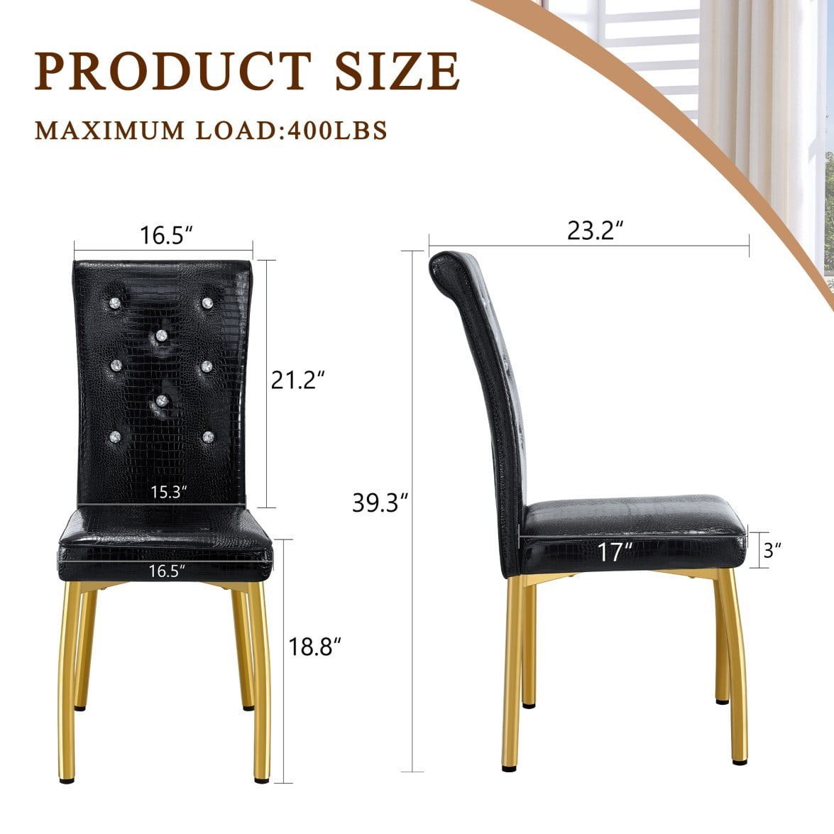 Set of 2 Retro Dining Chairs, Faux Alligator Leather Upholstered Chairs with Crystal Button Details & Gold-Plated Metal Feet, 400 LBS, Black & Gold