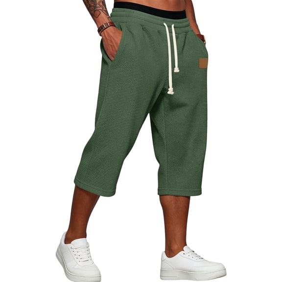 Mens Shorts 3/4 Length Golf Waffle Long Shorts Below The Knee Lightweight Sweat Capri Pants with Pockets Dark Green 2XL