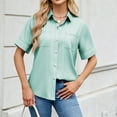 thumbnail image 5 of Olyvenn Button Down Shirts for Women Collared Casual Solid Short Sleeve Blouse Loose Fit Dressy Lapel V-Neck Tops with Chest Pocket Mint Green M, 5 of 7