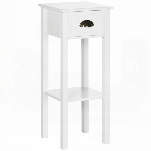 Narrow Side Table - 2-Tier & Drawer, Bottom Shelf for Storage, in White for Living Room/Bedroom