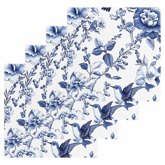 White Blue Spring Floral Dish Towels Set, Waffle Weave Kitchen Towels 4 Pieces, Summer Botanical Hummingbird Microfiber Hair Face Bath Tea Towel Absorbent Quick Drying Cleaning Dish Cloths, 12"x12"