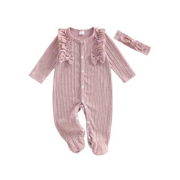 Cjfdfy Newborn Baby Girl Footed Romper Fall Winter Outfits Solid Color Bow Ruffled Long Sleeve Jumpsuit with Bow Headband cute Knit Ruffle Button Romper 0-9 Months