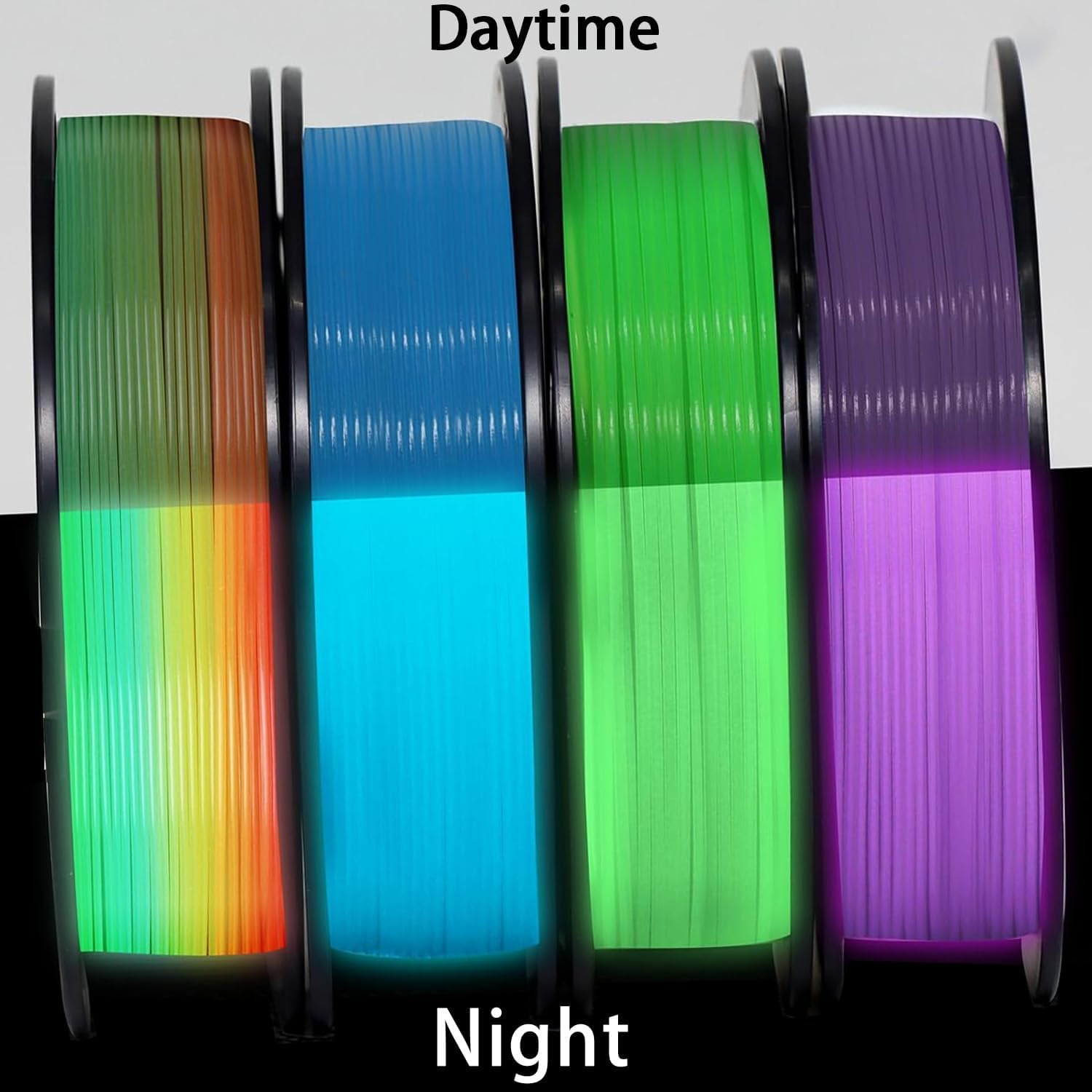 3D Printer Filament Bundle Glow in The Dark Filament Multicolor, Green, Blue, Purple and Rainbow, PLA Filament 1.75 mm, 250g X 4 Packs