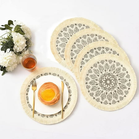 

NOGIS Round Placemats Set of 4 Boho Tassels Table Mats 13 Inch Black and Cream Cotton Woven Heat Proof Washable Circle Kitchen Placemats for Table Dinner Wedding Home Decoration