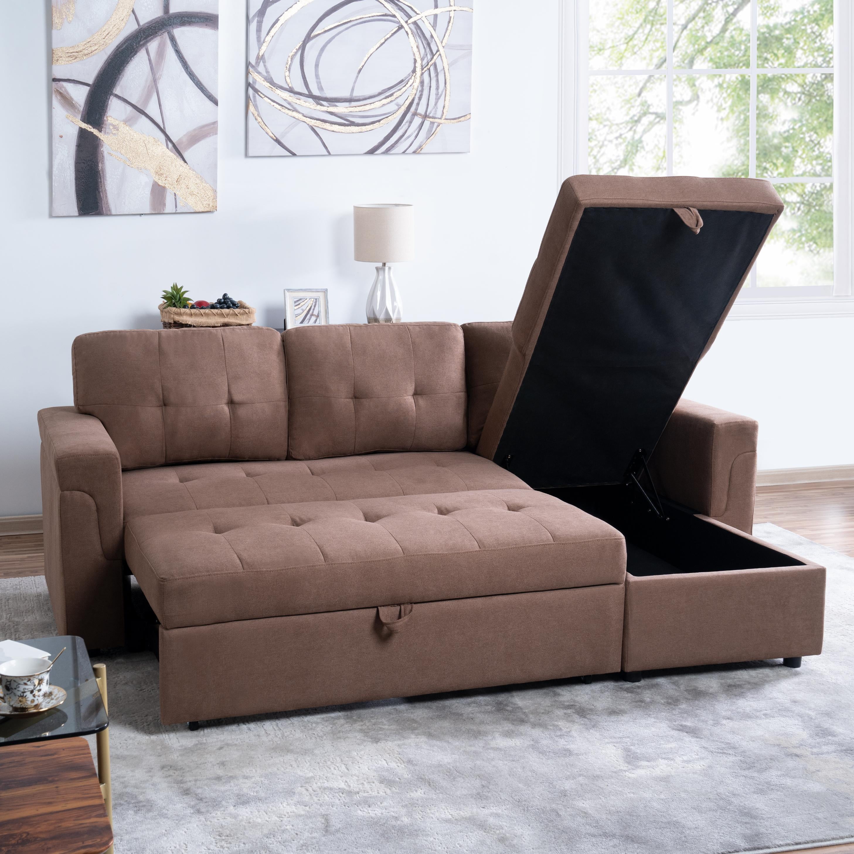 78 in. W Convertible Sleeper Sectional Sofa, L Shaped Couch for Small Space Living Room, Storage Chaise, L Shaped Pull Out Sofa -Color:Mocha,Fabric:Velvet