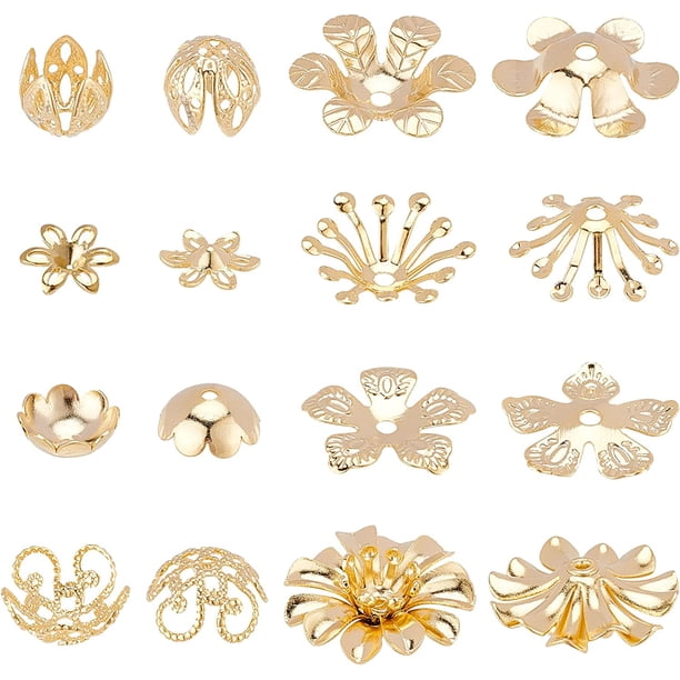 48 tapas de cuentas, 8 estilos, latón chapado en oro real de 24 quilates, tapas de extremo con forma de flor, tapa de flor de filigrana de metal