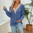 thumbnail image 4 of BLVB Womens V Neck Lace Crochet Fall Long Sleeve Tee Shirts Knit Ribbed Tops Fashion Clothes Tunics Blouses Dark Blue, 4 of 7