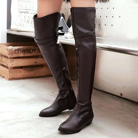 

Women s Solid Side Zipper Knee High Boots Flat Bottom And Flat Heel In Autumn And Winter