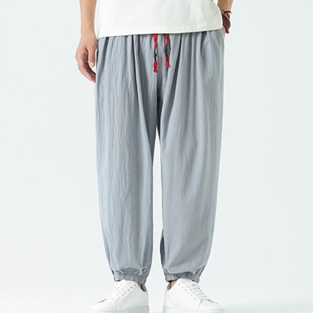 AherBiu Plus Size Mens Linen Pants Drawstring Joggers for Men Elastic Waisted Casual Loose Trousers