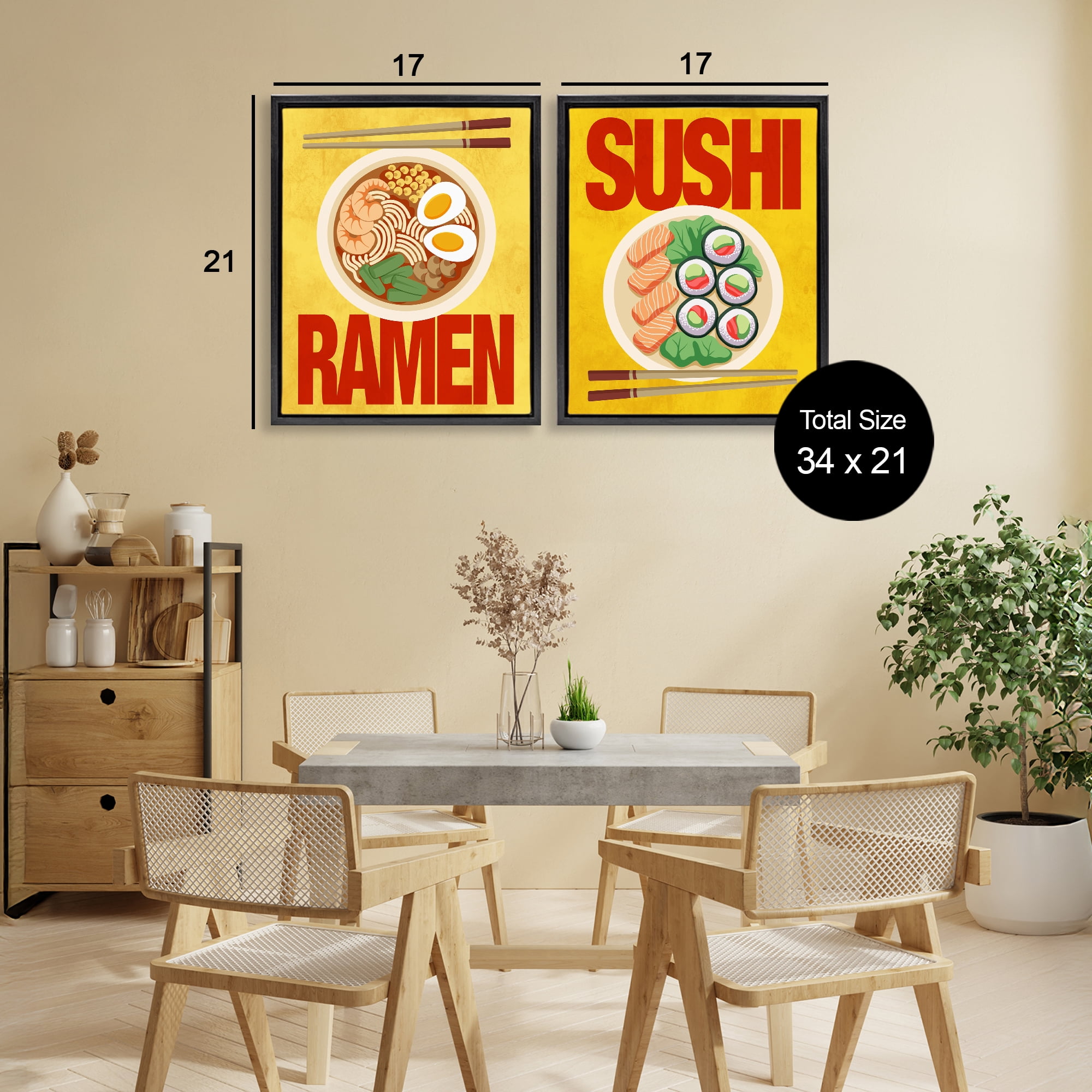 Stupell Industries Ramen & Sushi Japanese Cuisine 2 Piece Black Framed Floater Canvas Set, design by Marcus Prime