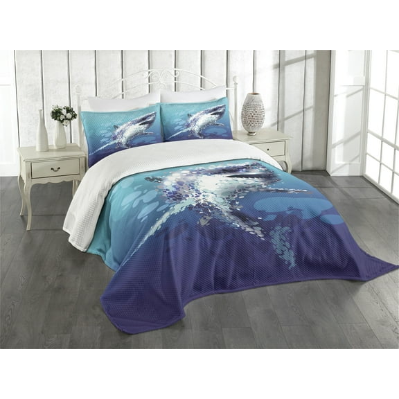 Ambesonne Blue Quilted Bedspread Set 3 Pcs, Shark Oceanlife Animal, Queen Size, Blue Grey