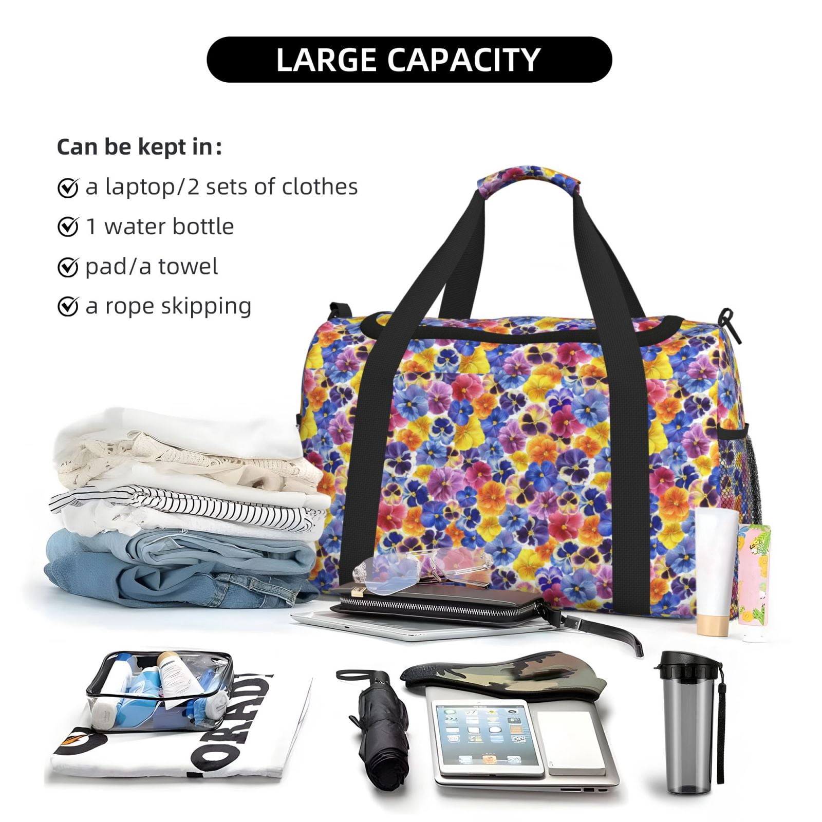 Fuzoiu The Garden Tricolor Pansy Flower Print Travel Duffle Bag,Carry On Tote Bags,Duffel Bag,Sport Gym Bag, Hospital Bag for Labor and Delivery, Overnight Bag,Luggage Bag