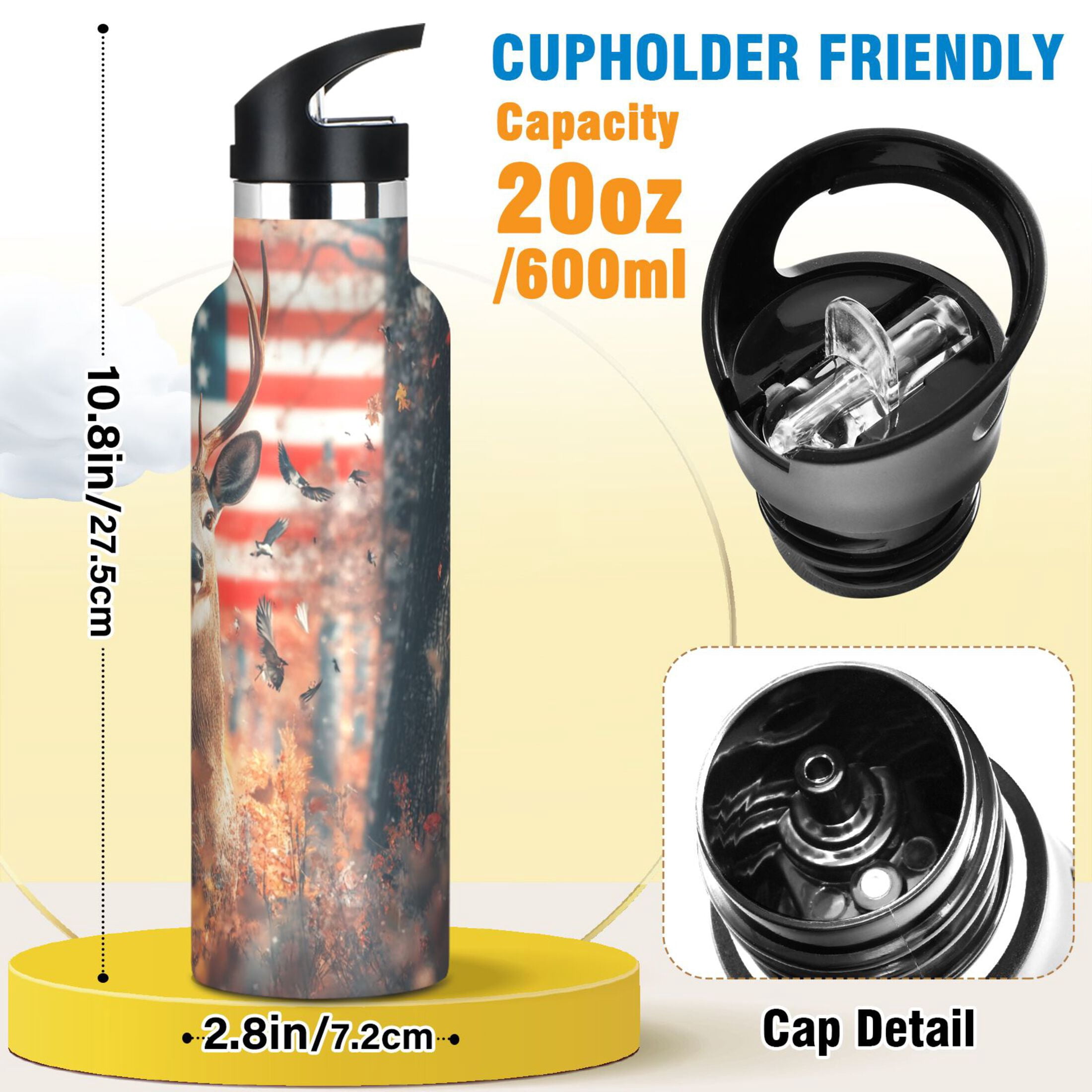 Kids Insulated Stainless Steel Sports Water Bottle 600ml (20oz), BPA-Free Realistic Deer