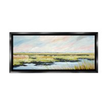 Stupell Industries River with Pastel Sky Landscape Painting Black Floater Framed Canvas Art Print Wall Art, 25 x 11