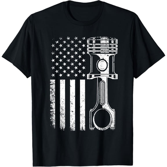 men and women can wear，Vintage Mechanic Shirt Men American Flag Piston Mechanic T-Shirt