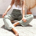 thumbnail image 5 of CFLVAEK Flare Bootcut Pants for Plus Size Women Comfy Button Cotton Linen Trousers Smocked High Waist Office Slacks Casual Full Length Solid Pant Green 3XL, 5 of 8