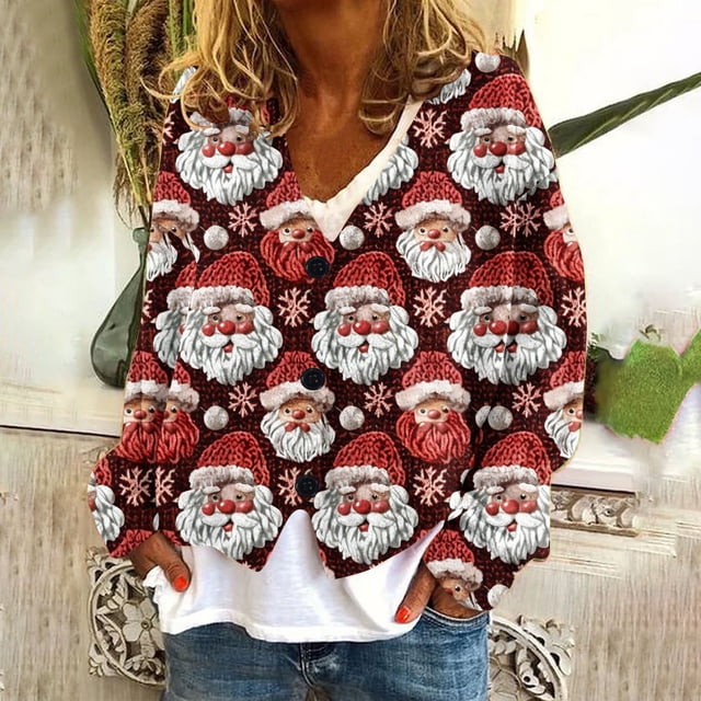 LOVZFMLL Cardigan pour Femmes Cardigan Décontracté Bouton Veste de Mode Imprimée de Noël