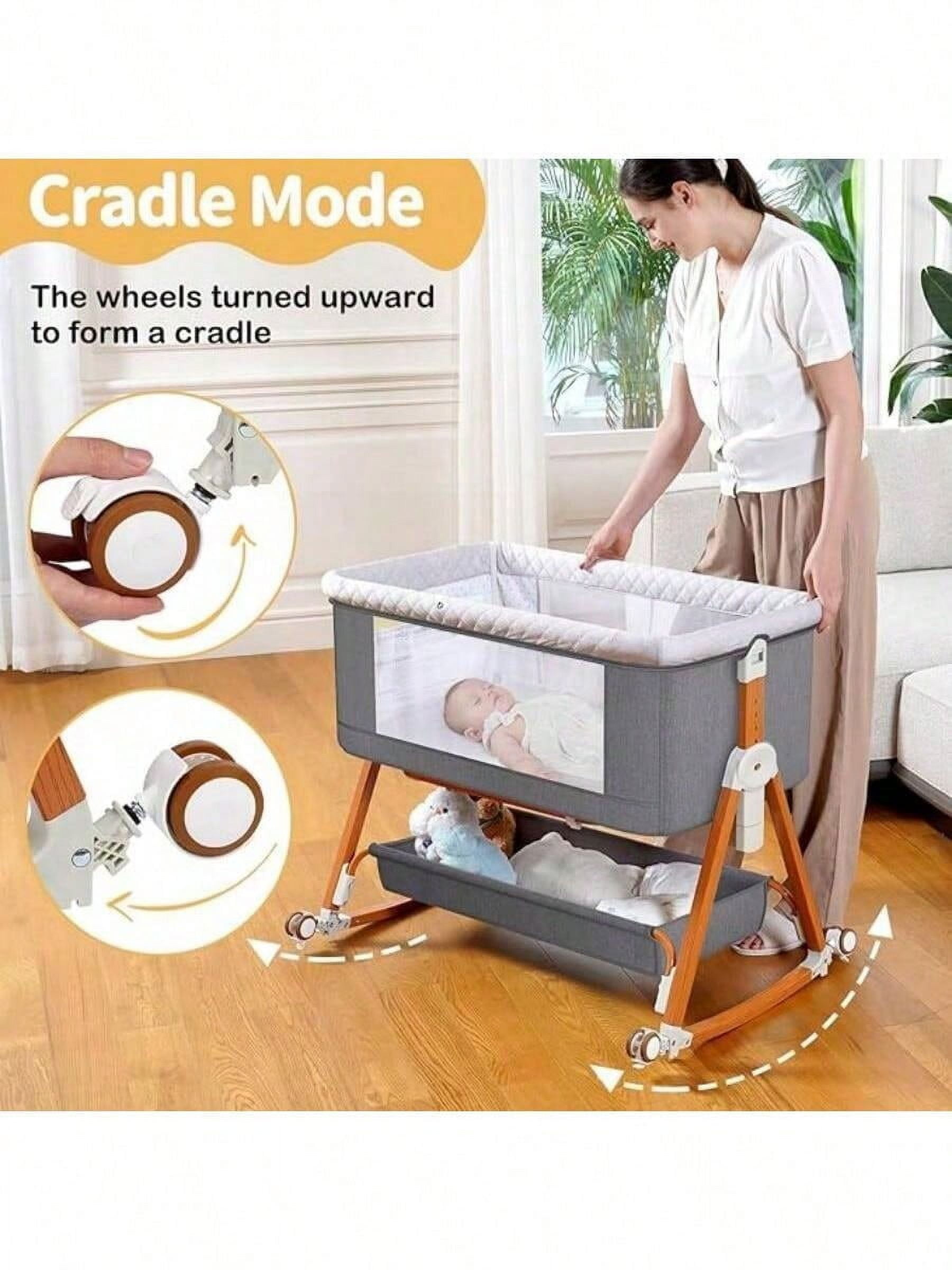 kmaier 3 in 1 Baby Bassinet Sleeper, 6-Section Height Adjustable Crib, Foldable Portable Crib Side Sleeper- Light Gray