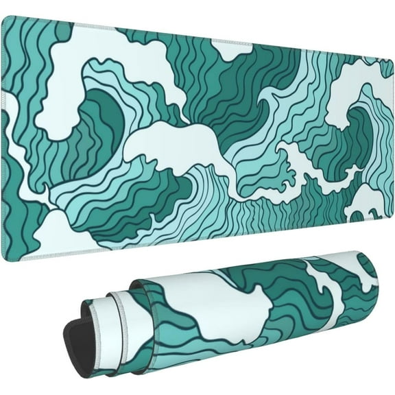 Japanese Green and White Wave Gaming Mouse Pad XL, Non Slip Rubber Base Mousepad, Stitched Edges Desk Pad, Extended Large Mice Pad,31.5 X 11.8 Inch
