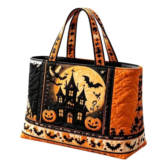 YiJuHui Halloween Lady Handbag Horror Style Large Capacity Tote Purse Quilted Shoulder Bag with Cat Pumpkin Bat Print for Vintage Fall Shopping