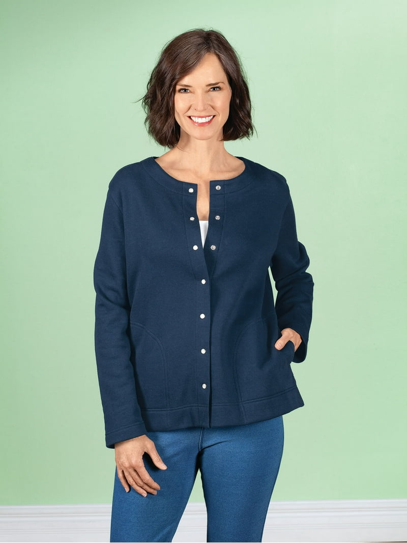 Snap Front Sweatshirt Cardigan by Sawyer Creek, Navy Blue, X-Large