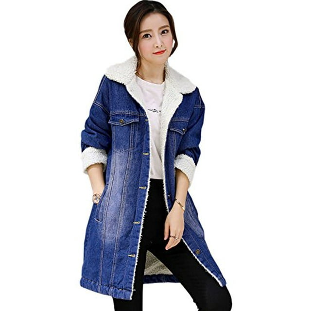 Flygo Veste en Denim Mi-Longue Classique Chaude Doublée Sherpa pour Femmes Manteaux en Jean Vêtements d'Extérieur (X-Grand, Bleu)