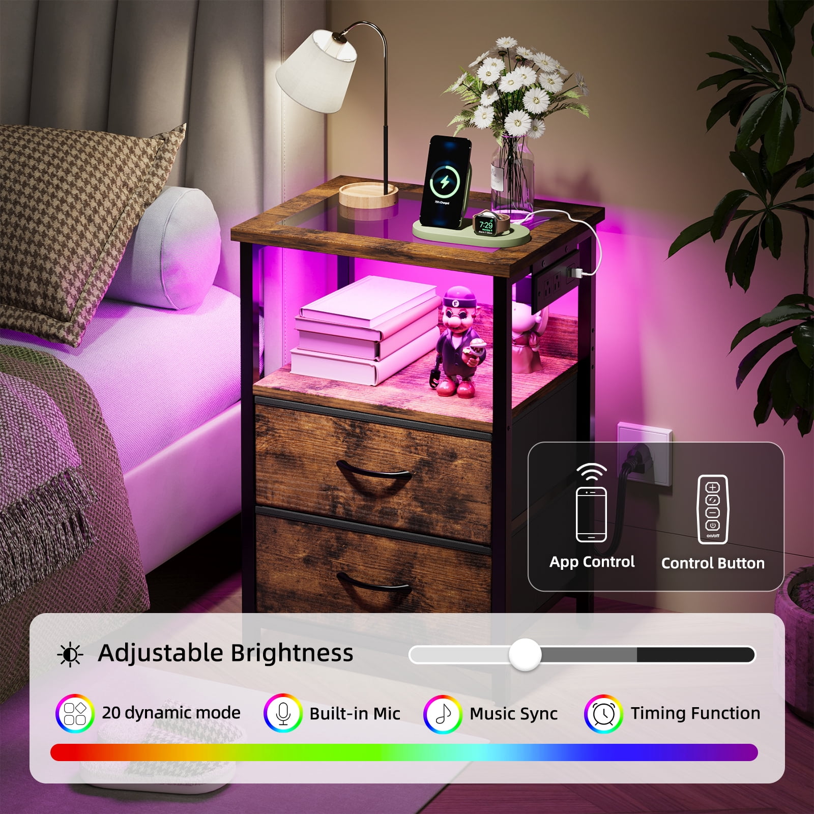 Tomnk 2 Pack Rustic Brown Nightstands with LED Lights, Charging Station, Drawers