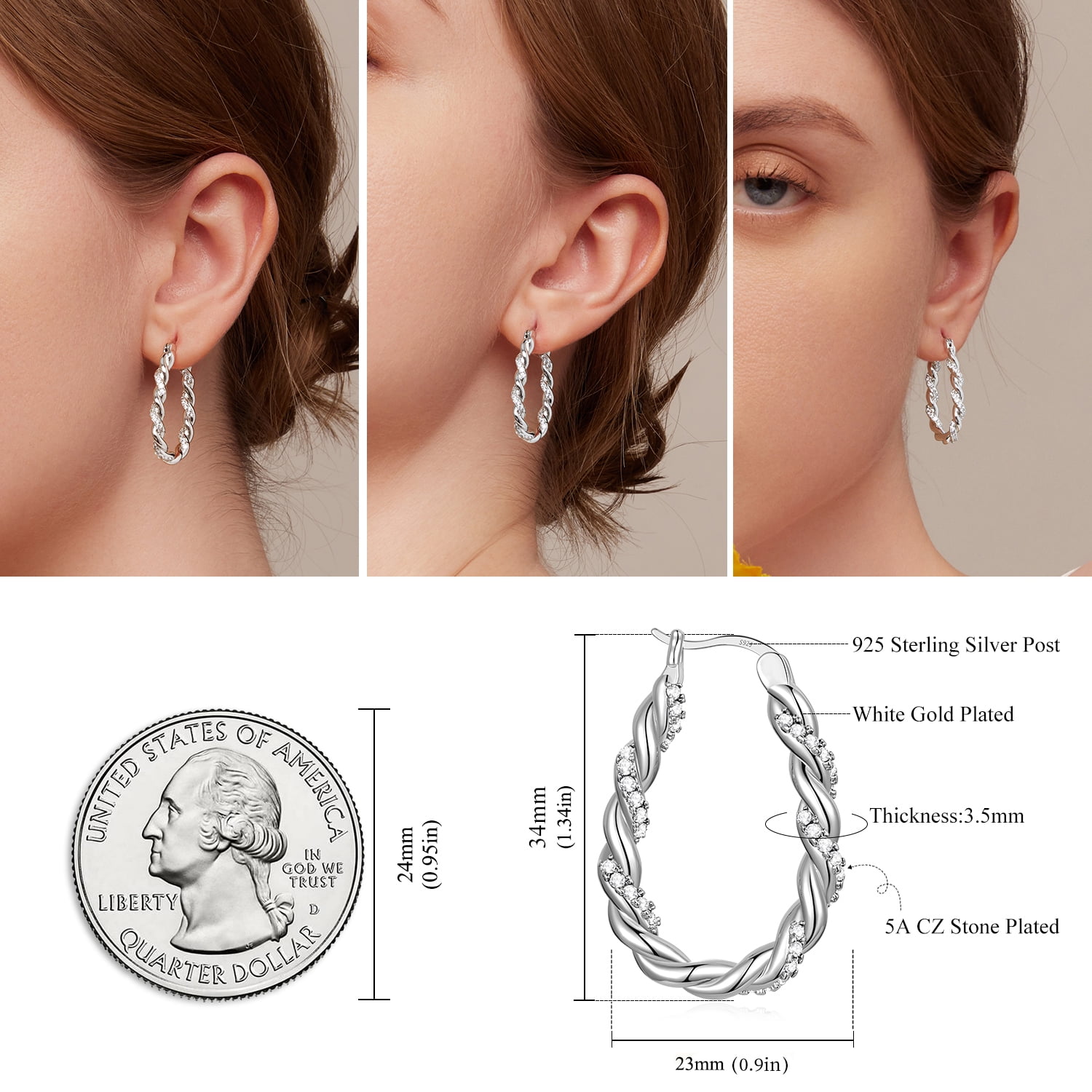 Twist Hoop Earrings for Women White Gold Plated 925 Sterling