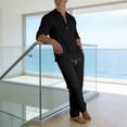 thumbnail image 4 of LEKWK Men Linen Sets Outfits 2 Piece Long Sleeve V Neck Casual Tops and Drawstring Elastic Waist Wide Leg Pants Summer Casual Beach Vacation Resort Outfits, 4 of 9