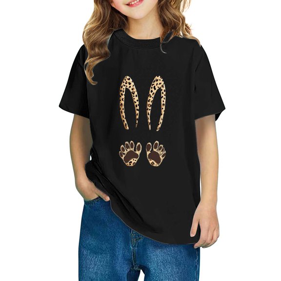 AUNVITO 2025 Easter Children Clothing Easter Round Neck Short Sleeved Cotton Top for Boys Girls Middle-aged and Older Children
