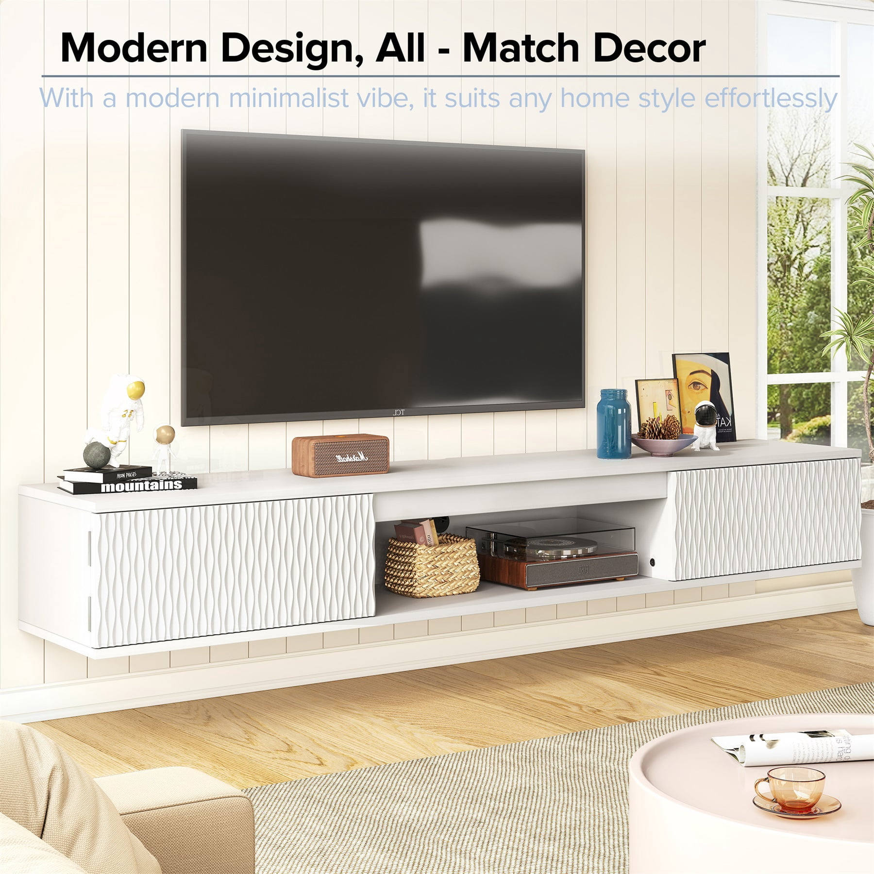 Hommoo Modern LED TV Stand, Rhombus Carved Surface Wall-Mounted TV Cabinet with Double Doors &Open Shelf, Entertainment Center with Storage, White