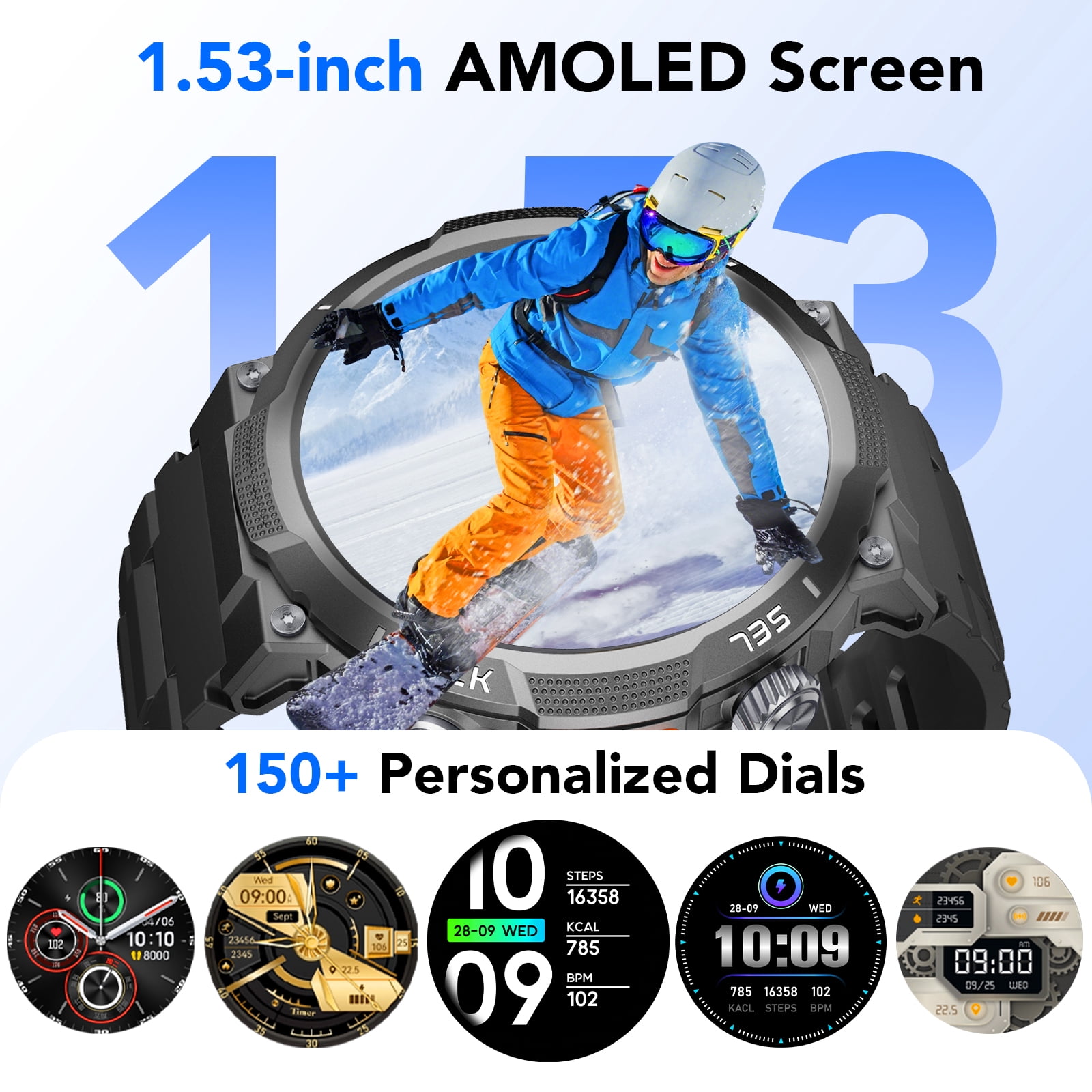 Smart Watch for Men, 1.53'' AMOLED Sport Smartwatch, 100 Day Standby Bluetooth 5.4 Call(Answer/Make Calls), 120+ Sport Modes IP68 Waterproof Smart Watch Fits for iPhone and Android, Black