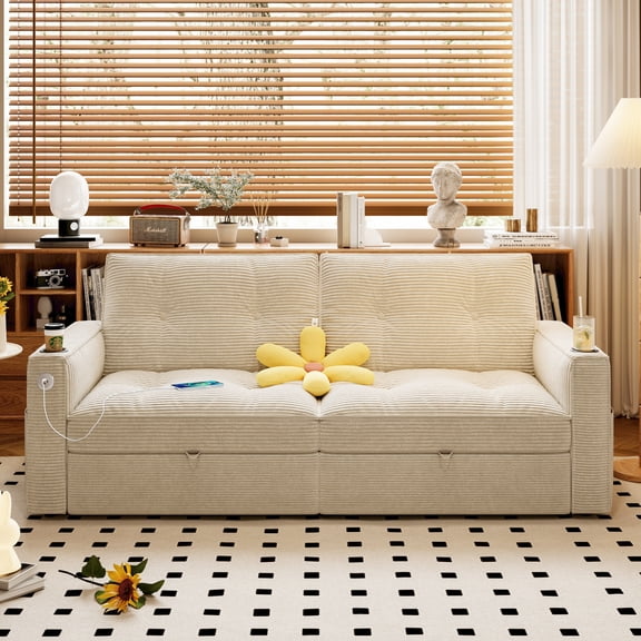 Convertible Sofa Bed 2-in-1, Modern Corduroy Fabric Sleeper Sofa with Memory Foam for Living Room and Apartment,White