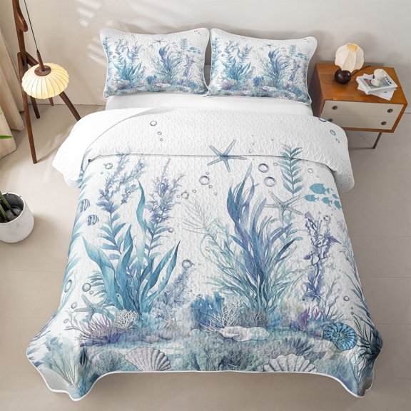 Erosebridal Watercolor Seagrass Coral Twin Quilt Set,Seashell Starfish Underwater Twin Coverlet Set For Boys,2pcs