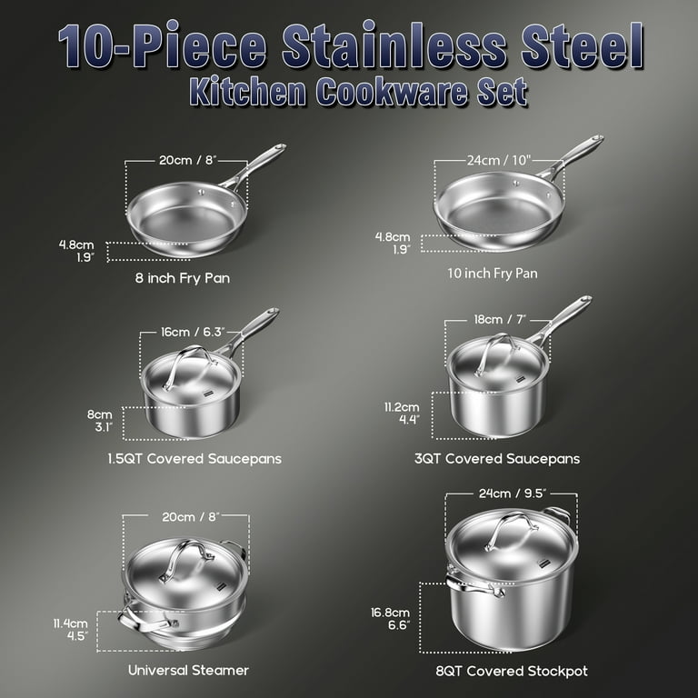 10-Piece Stainless Steel Pots and Pans Set, Kitchen Cookware Sets