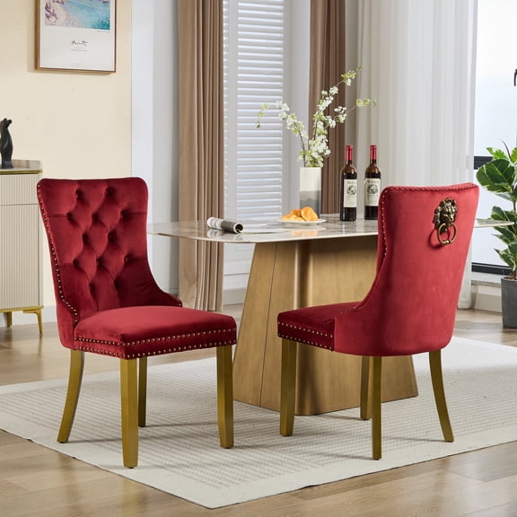 FFZ Mid-Century Modern Dining Chairs Set of 2 with Lion Head Pull Ring, Golden Legs, WINE RED