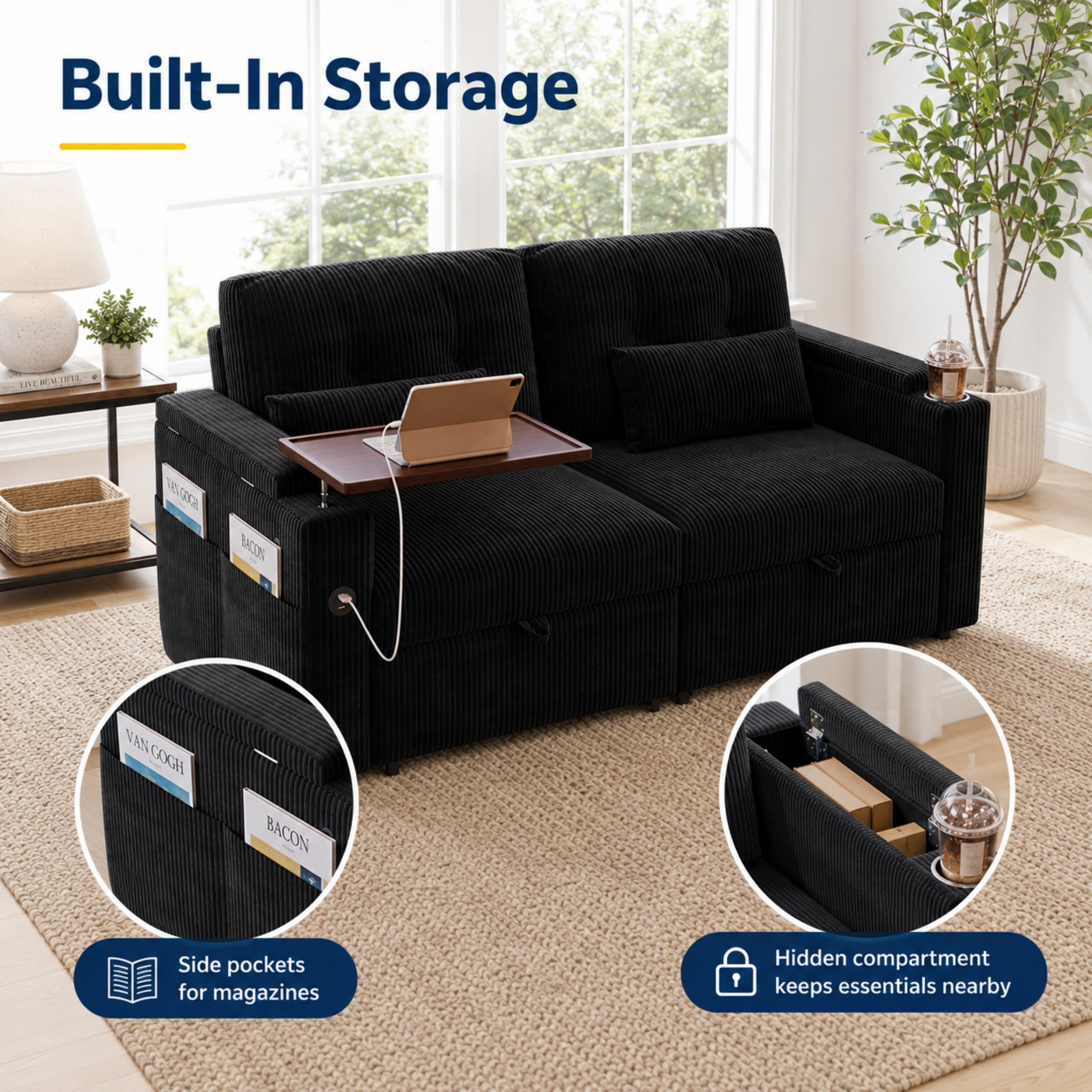 Aenkyo 73" Pull Out Sofa Bed, 3-in-1 Queen Sleeper Sofa with USB, Cup Holders and Storage, Black
